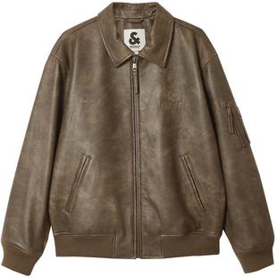 杰克琼斯春新款潮流百搭胸前宽松翻领领口真皮皮衣男装225410005