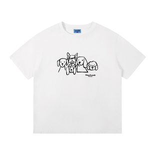 江南先生NewJNXS美式复古小狗印花白色短袖T恤情侣装黑色半袖上衣