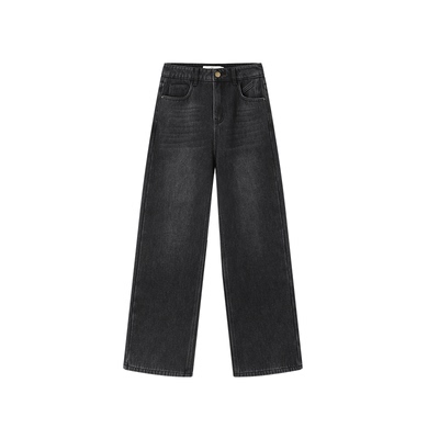 XWI欣未复古水洗棉黑色加绒加厚牛仔裤女冬季高腰显瘦直筒阔腿裤