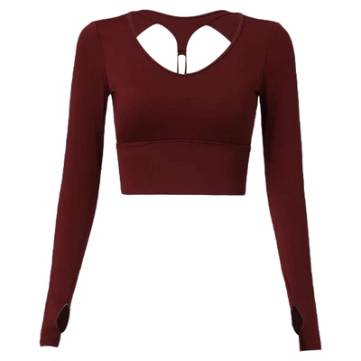 性感镂空露背瑜伽服长袖女修身显瘦运动上衣普拉提训练健身服外穿