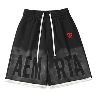 查尔斯桃心 美式菠萝格假两件休闲短裤男夏季宽松高街运动五分裤