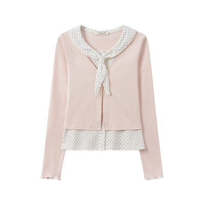 波点领结娃娃领假两件长袖T恤女