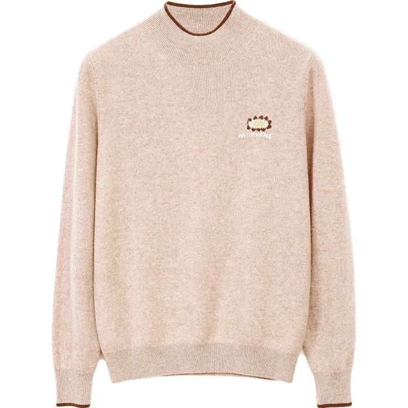 商场同款米皇秋冬新品半高领绣花100%纯山羊绒女衫休闲打底毛衫