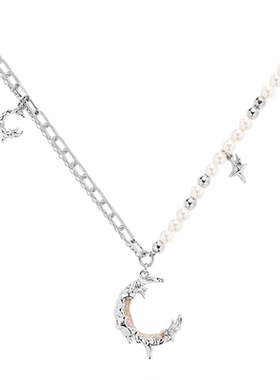 金属熔岩月牙项链女欧美百搭简约设计感珍珠拼接时尚高级感锁骨链