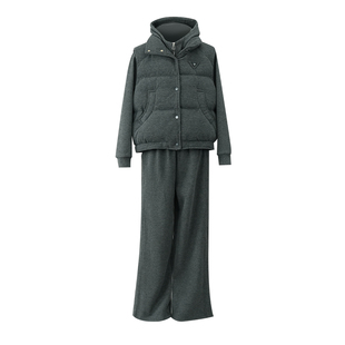 三件套立领棉马甲连帽外套阔腿直筒长裤加绒保暖减龄套装女2025冬