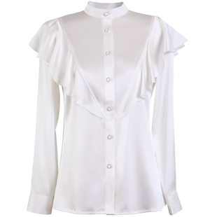 立领真丝衬衫女荷叶边2025秋季新款白色桑蚕丝女衫高端女士上衣