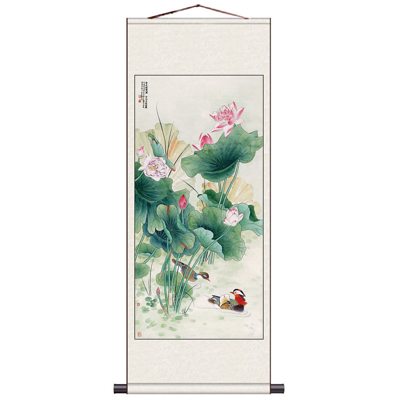 卧室装饰画和和美美荷花鸳鸯风水招财挂画花鸟画丝绸卷轴画玄关画