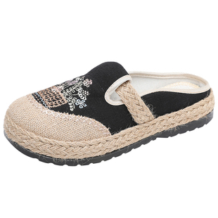 老北京布鞋女夏季包头半拖鞋外穿亚麻渔夫鞋透气棉麻民族风绣花鞋