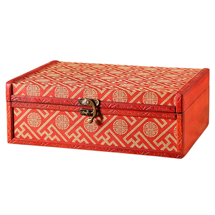 国风桌面密码红色收纳盒古风复古带锁储物盒木质首饰盒中式木箱子