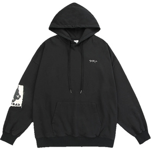 GUUKA黑色重磅370g连帽卫衣男潮 左奇函同款坏学生毛边绣帽衫宽松