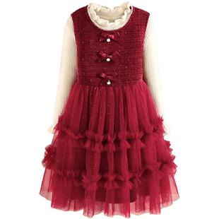 小虎帕蒂珍珠毛衣纱裙两件套女童冬季红色拜年服精致可爱公主套装