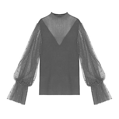 s.deer镂空波点网纱泡泡袖针织衫