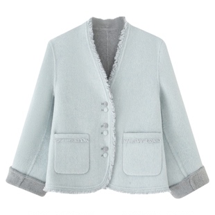 两面穿V领双面绵羊毛外套女早春新款双面呢小个子蓝韩系短款大衣