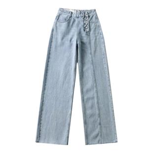 ins复古美式超酷设计感侧骨压条高腰直筒牛仔裤宽松显高显瘦长裤