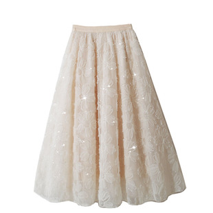 秋冬款网纱大摆甜美高腰复古仙女亮片蕾丝花朵刺绣中长款半身裙