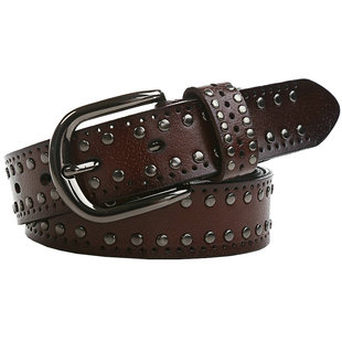 2025新款皮带女宽白色配牛仔裤真皮女士裤带时尚柳钉铆钉腰带装饰