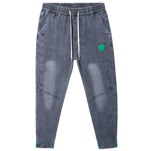 冬季胖人收口牛仔裤男潮牌弹力束脚裤加肥加大码胖子宽松工装长裤