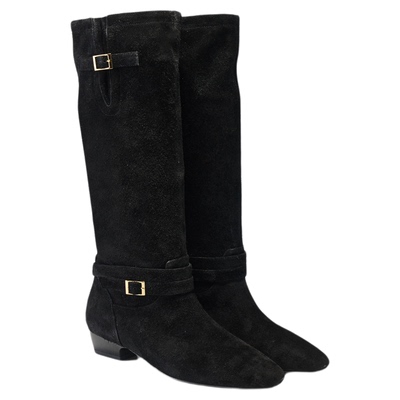 fed粗跟高筒靴女冬季新款女靴绒面长靴黑色堆堆靴女款S1009-CA012