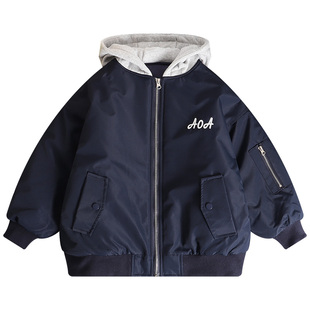 男童冬季夹棉连帽外套中大童加厚外套秋冬男孩保暖连帽夹克棒球服