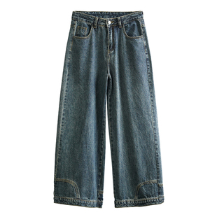 美式街头反穿解构系列baggy水洗原牛阔腿倒装牛仔裤男宽松裤子潮