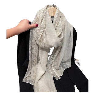 亚麻色蕾丝棉麻围巾女冬季披肩两用春秋洋气时尚围脖丝巾纯色纱巾
