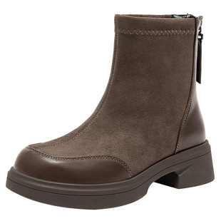 大东女鞋短靴2025冬季新款复古绒面时装靴女靴后拉链单里厚底靴子