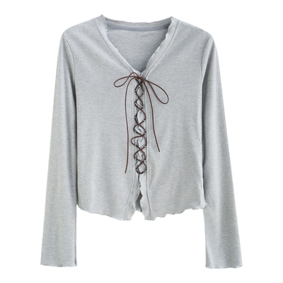 拾野森短款系绳花边V领上衣