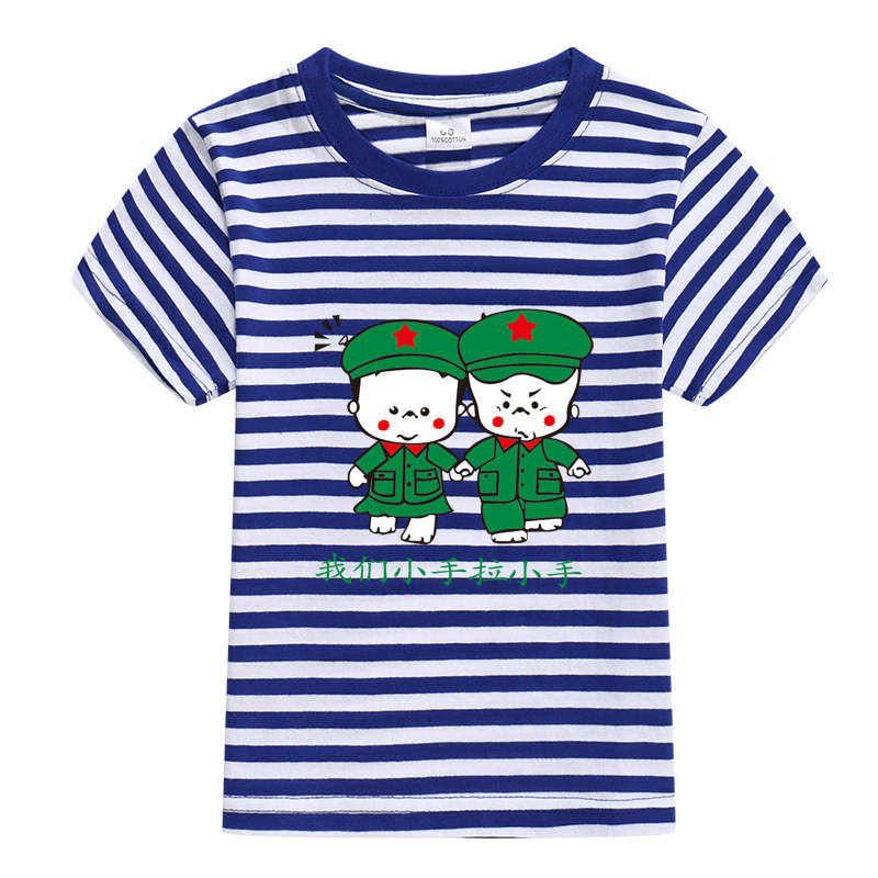 儿童海魂衫T恤短袖圆领蓝白条纹体恤小学生班服幼儿园校服毕业服