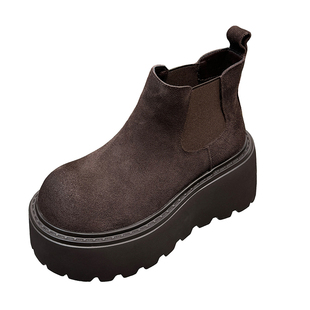 山山真皮松糕厚底短靴女2025秋冬新款复古百搭英伦风套筒马丁靴女