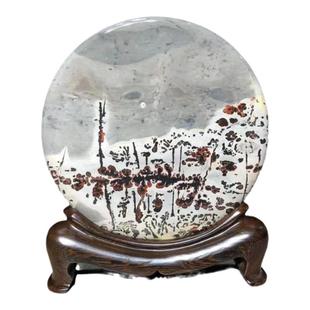 国画草花天然奇石花瓶笔筒四方柱实木底座摆件办公室玄关镇宅石头