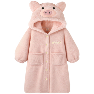 Pinksea珊瑚绒睡衣女款加厚保暖可爱小猪少女加大宽松睡袍可外穿