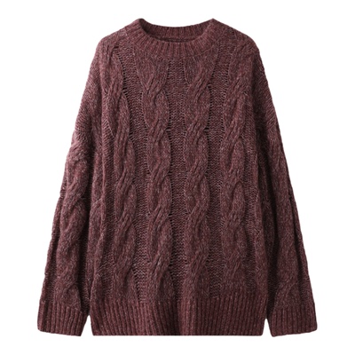 绞花圆领宽松丝羊绒羊毛套头衫
