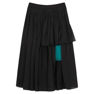 pushBUTTON拼接开衩女士A字百褶中长裙半身裙银泰百货 301604