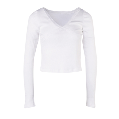 BM上衣女2025新款秋冬修身高腰短款V领蕾丝边白色内搭外穿长袖T恤