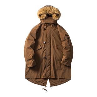 TIRED美式潮牌中长款可拆卸毛领羽绒服冬季90白鸭绒燕尾保暖外套