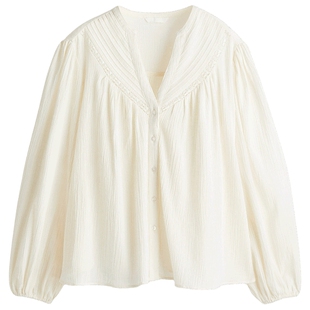 HM女装衬衫春夏气质皱感亚麻混纺上衣潮流款浪漫繁复衬衫1288021