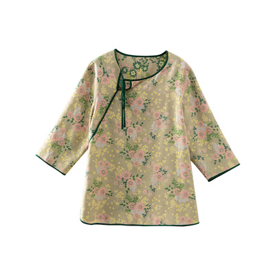 美丽客栈春秋系带圆领两面穿衬衫