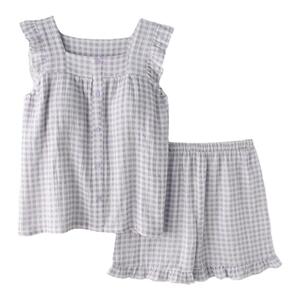 格子荷叶边带胸垫睡衣女夏季纯棉纱布薄款吊带背心短裤家居服套装