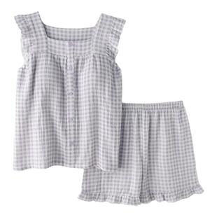 格子荷叶边带胸垫睡衣女夏季纯棉纱布薄款吊带背心短裤家居服套装