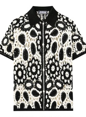 2026夏季欧美性感镂空针织短袖衬衣男黑白拼色休闲衬衫Men shirt