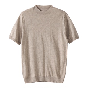 LUUD 雅奢通勤半高领短袖T恤男夏季2股45支绵羊毛混纺纱线针织衫