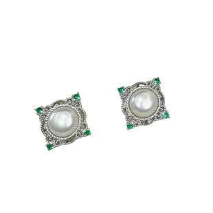 S925银针6mm天然淡水珍珠耳钉复古宫廷风轻奢优雅气质方形耳饰女