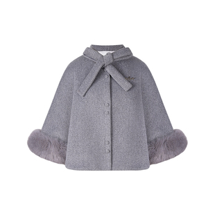花铃太太春季款学院风小个子灰色斗篷外套女款甜美毛茸茸加厚大衣