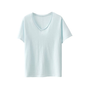 夏季V领雪花棉慵懒风t恤宽松落肩短袖女韩版百搭纯色休闲基础上衣
