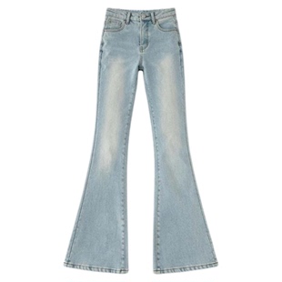 浅蓝色直筒微喇牛仔裤女2026春夏新款高腰显瘦修身不贴腿马蹄裤子