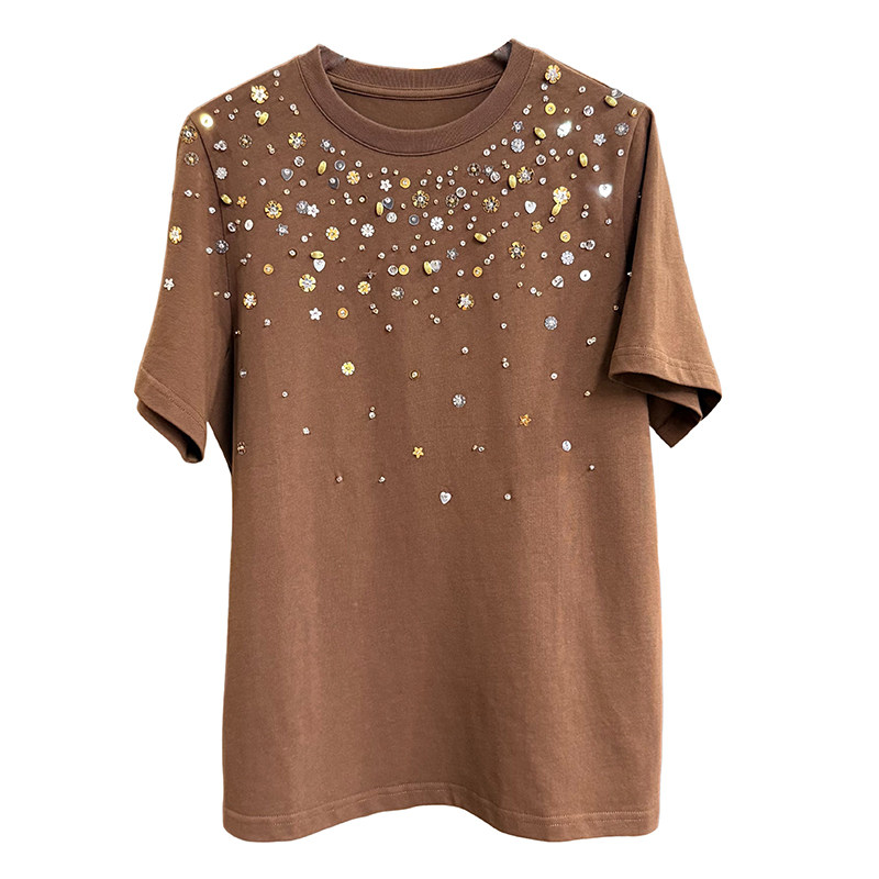 N货!重工钉珠亮片圆领短袖棉T恤