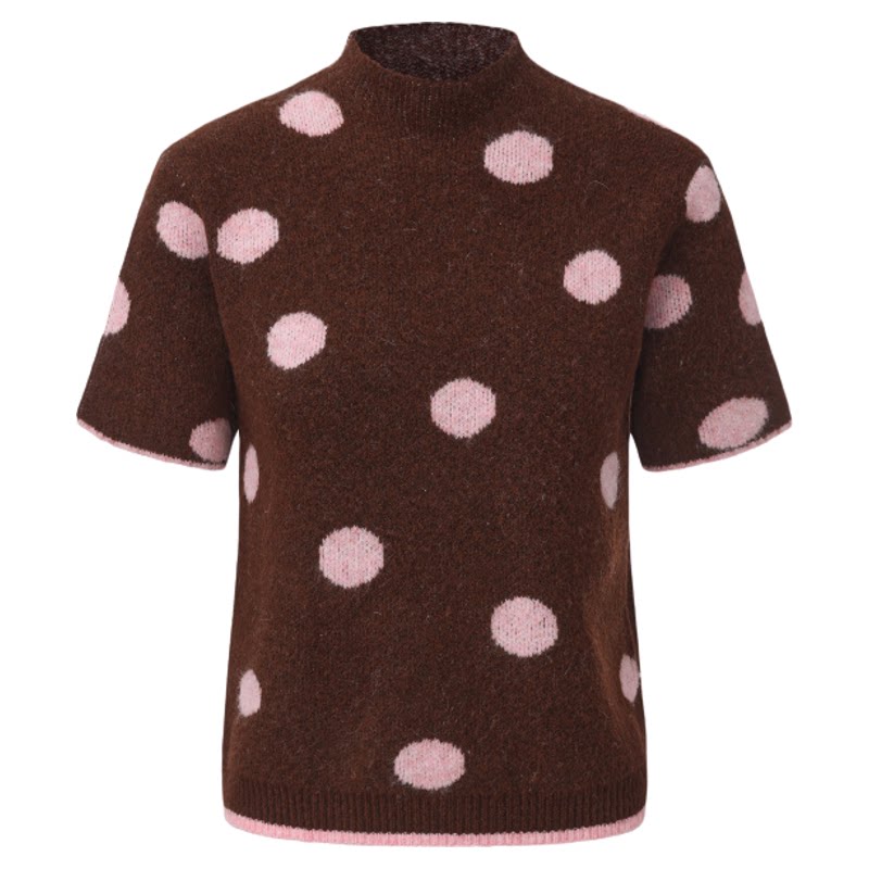 羊毛波点撞色针织短袖 棕粉波点