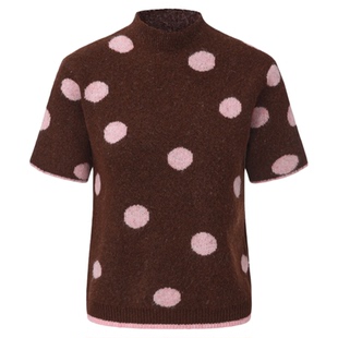 羊毛波点撞色针织短袖 棕粉波点