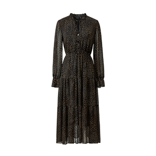 颜域黑色波点连衣裙女装2026早春新款喇叭袖收腰显瘦通勤轻熟长裙