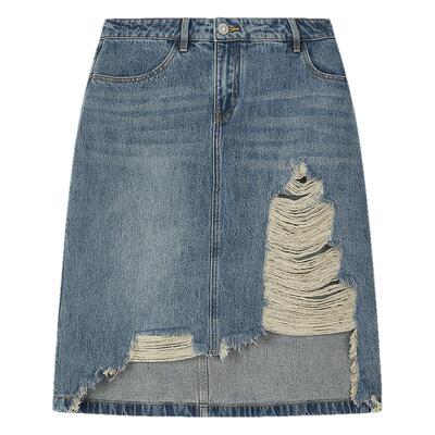 MOUSSY2026春季新品街头复古风不规则破洞牛仔 半裙028JSA11-1007